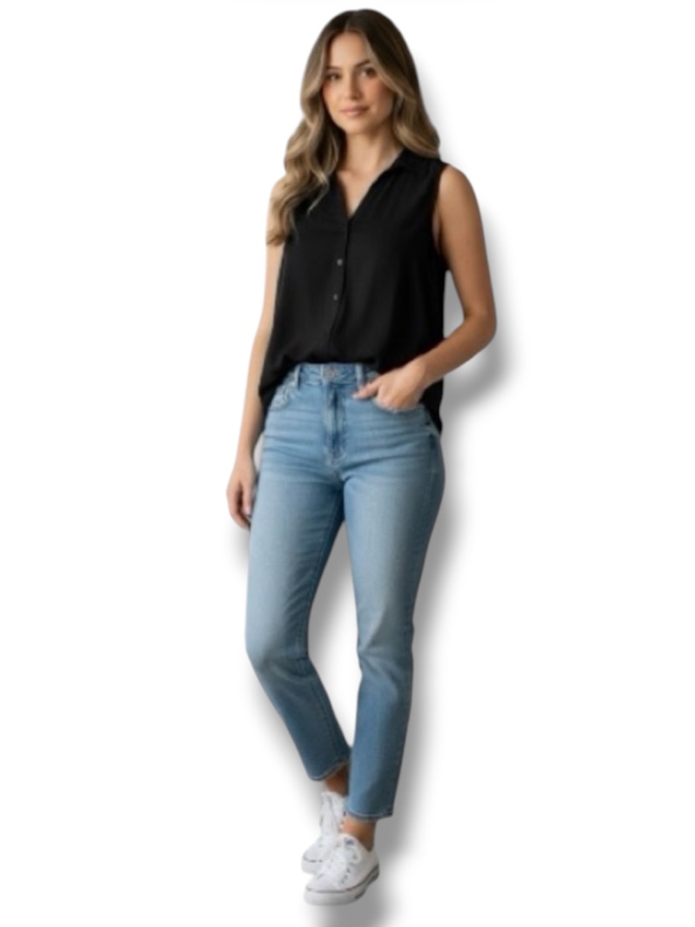 Falls Creek Top Black Sleeveless Button-Up Utility Blouse Pockets M 🍭